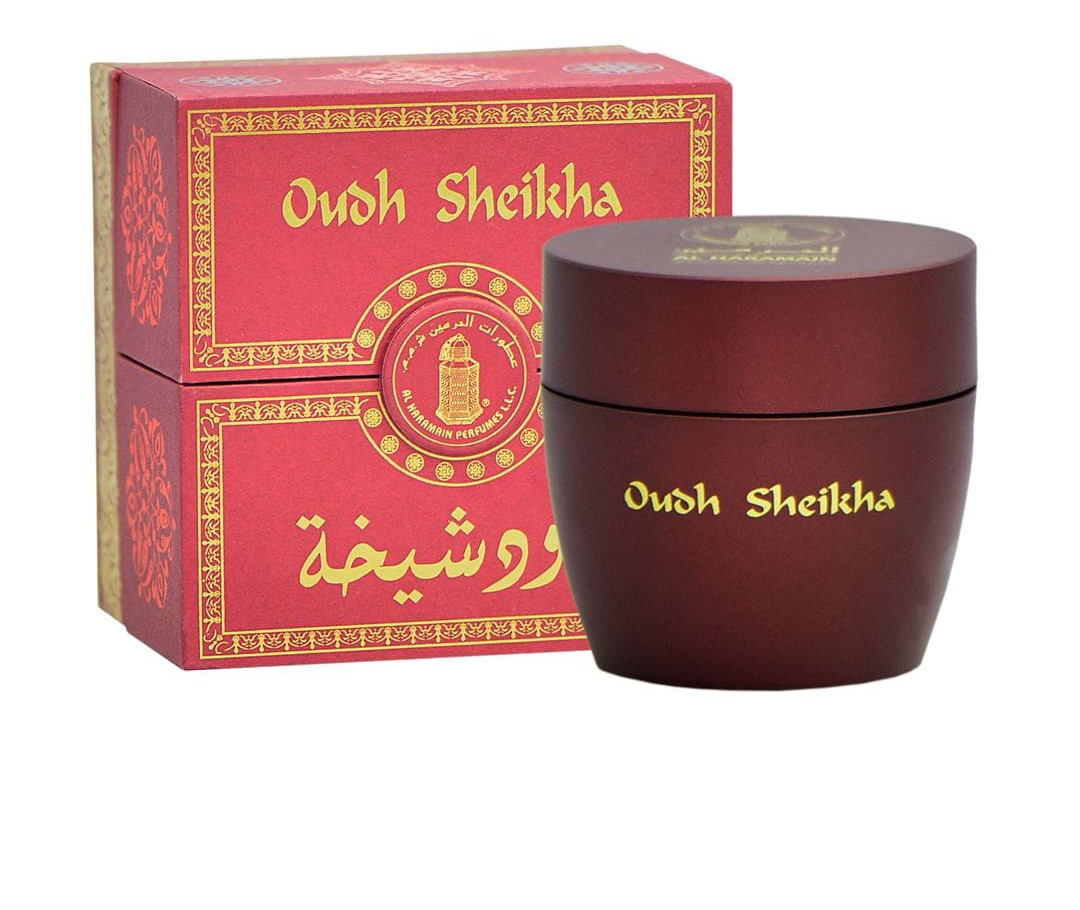 Al Haramain Oudh Sheikha, a 25-gram jar of scented bukhoor incense.